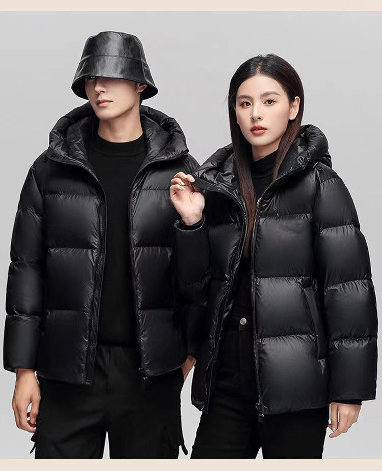 Unisex Shiny Short Down Jacket: Off-Season Duck Down, Thick, Loose Fit, Black & Gold, Korean Style, Plus Size