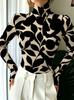 Women's Vintage Art Print High-neck Long-sleeve Top, Floral Print, Slim Fit, Elegant and Versatile, Stylish for Everyday Wear