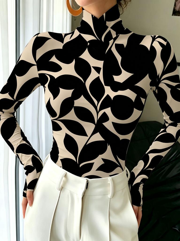 Women's Vintage Art Print High-neck Long-sleeve Top, Floral Print, Slim Fit, Elegant and Versatile, Stylish for Everyday Wear