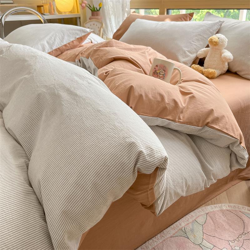 High Quality Striped Printed Pure Cotton Bedding Sets Skin Friendly Breathable Soft Quilt Kit Non Color Fading Bed Set