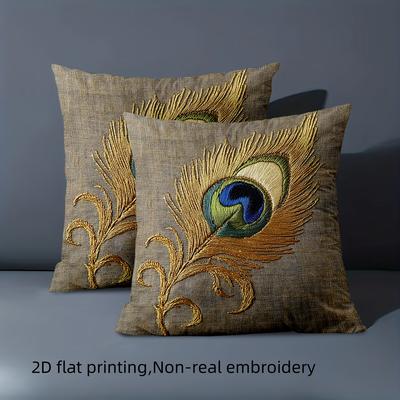 1 Stück Kissenbezug aus Jute mit Pfauenfederstickerei, Polyester-Kissenbezug, dekorativer Sofakissenbezug, Kopfteilkissen