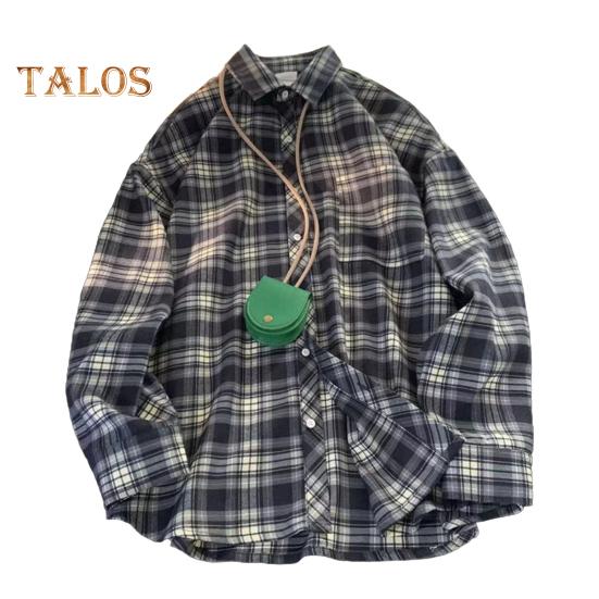 

Весна-осень Мужская рубашка с отложным воротником в клетку с принтом Свободная рубашка на пуговицах в стиле ретро-американской моды с длинным рукавом Уличная одежда для путешествий Повседневная одежда L черный белый