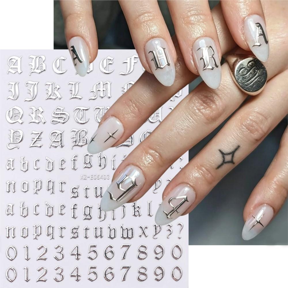 3sheets 3D Old English Letter Nail Stickers Gold/Silver/Black Retro Alphabet & Numbers Nail Decals Self-Adhesive Nail Decora E#4