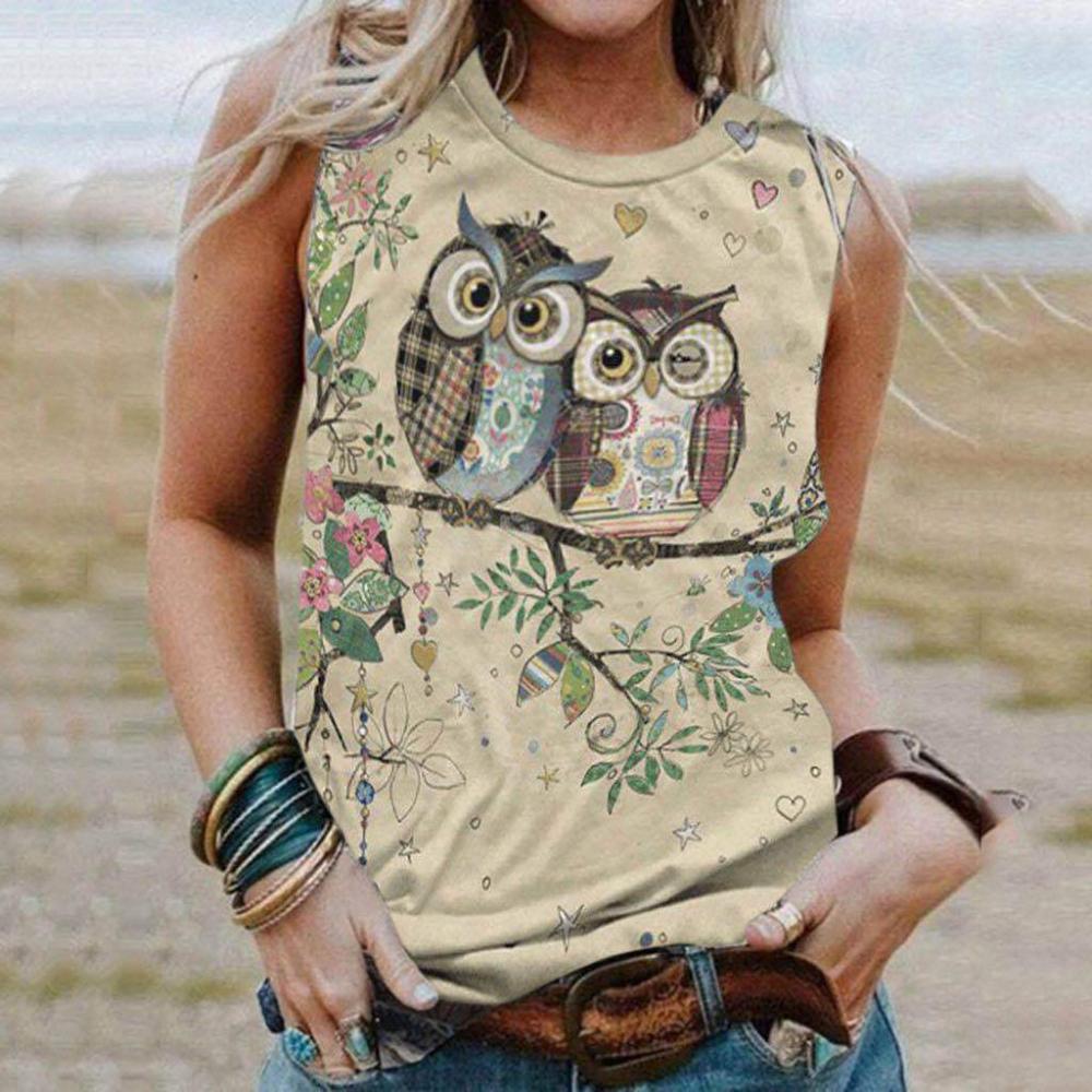 Eule Tier 3D-Druck Damen Tanktops Sommermode O-Ausschnitt Lässige Weste Schulterfrei Y2k Ärmelloses Top Camisole Damenbekleidung