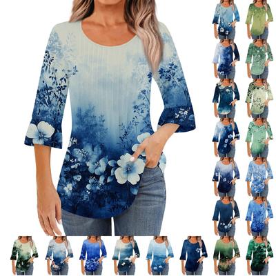 Tricou de damă la modă, casual, plisat, cu guler rotund, imprimeu floral, mânecă trei sferturi