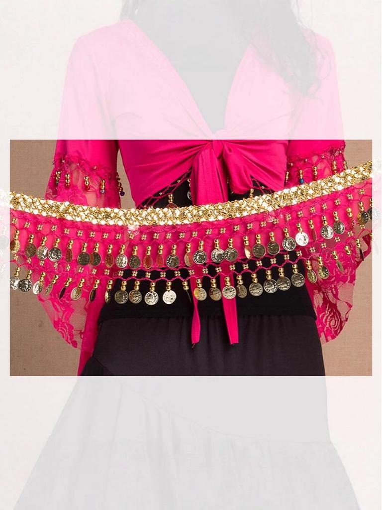 Gold-Edged Indian Dance Hip Scarf with Hanging Coins for Belly and Square Dance Performances