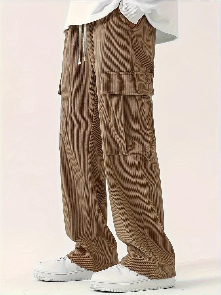Men's Loose Solid Pants with Multi Pockets Casual Drawstring Trousers for Outdoor