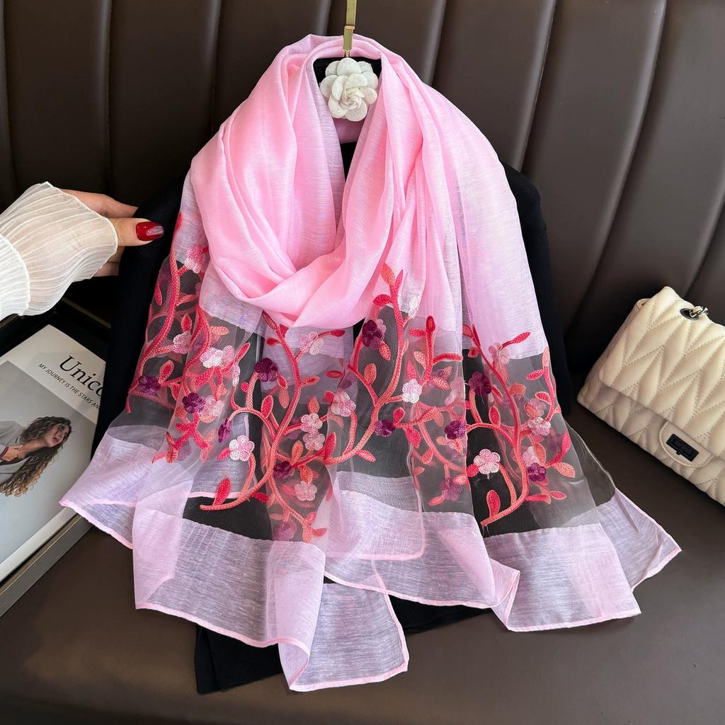 Elegant Soft Thin Luxury Silk Scarf Flower Embroidery Foulard Women Hijab Shawls Large Wraps Shiny Lace Scarf Female