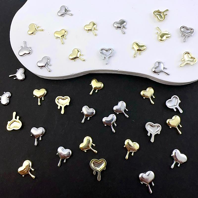 10Pcs/Bag Alloy Lava Love Nail Art Jewelry Gold Silver 3D Diy Nails Accessories Professional Supplies Metallic Heart Decorations