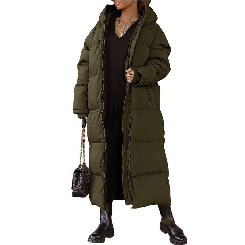Winter Hooded Long Coat Women Elegant Pocket Long Sleeve Jacket  Loose Zipper Thick Warm Outwear