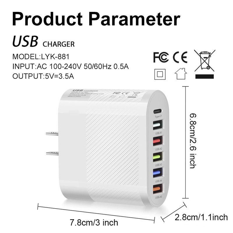 6 Ports USB Type C Charger PD Fast Charging Adapter Quick Charge3.0 For iPhone Samsung Xiaomi Huawei Phone Wall Charger Plug
