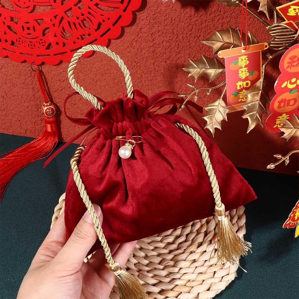 Velvet Flannel Gift Bag Wine Red Chinese Traditional Wedding Gift Bag Drawstring Candy Bag Guests
