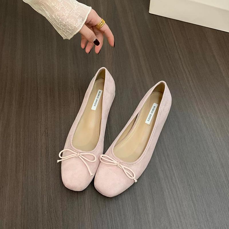 French inner heightening suede ballet single shoes women's shoes 2025 new spring and autumn bow red evening shoes