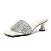 Fashion Bling Bling High Heels Slippers Women Crystal Beading Pantuflas Mujer 2025 Kitten Heel Sandalias Mujer Narrow Band Flip Flops