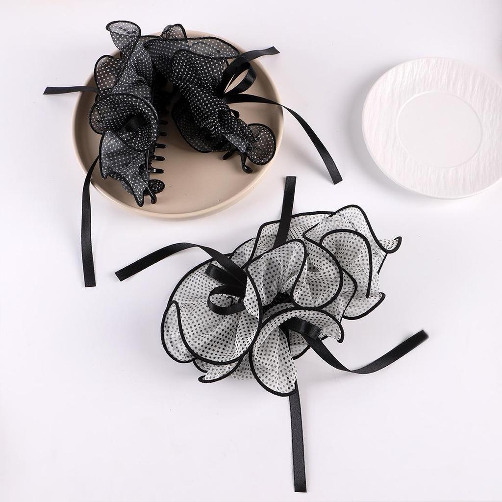 Polka Dot Mesh Flower Hair Clip – Elegant Korean Style Updo Accessory