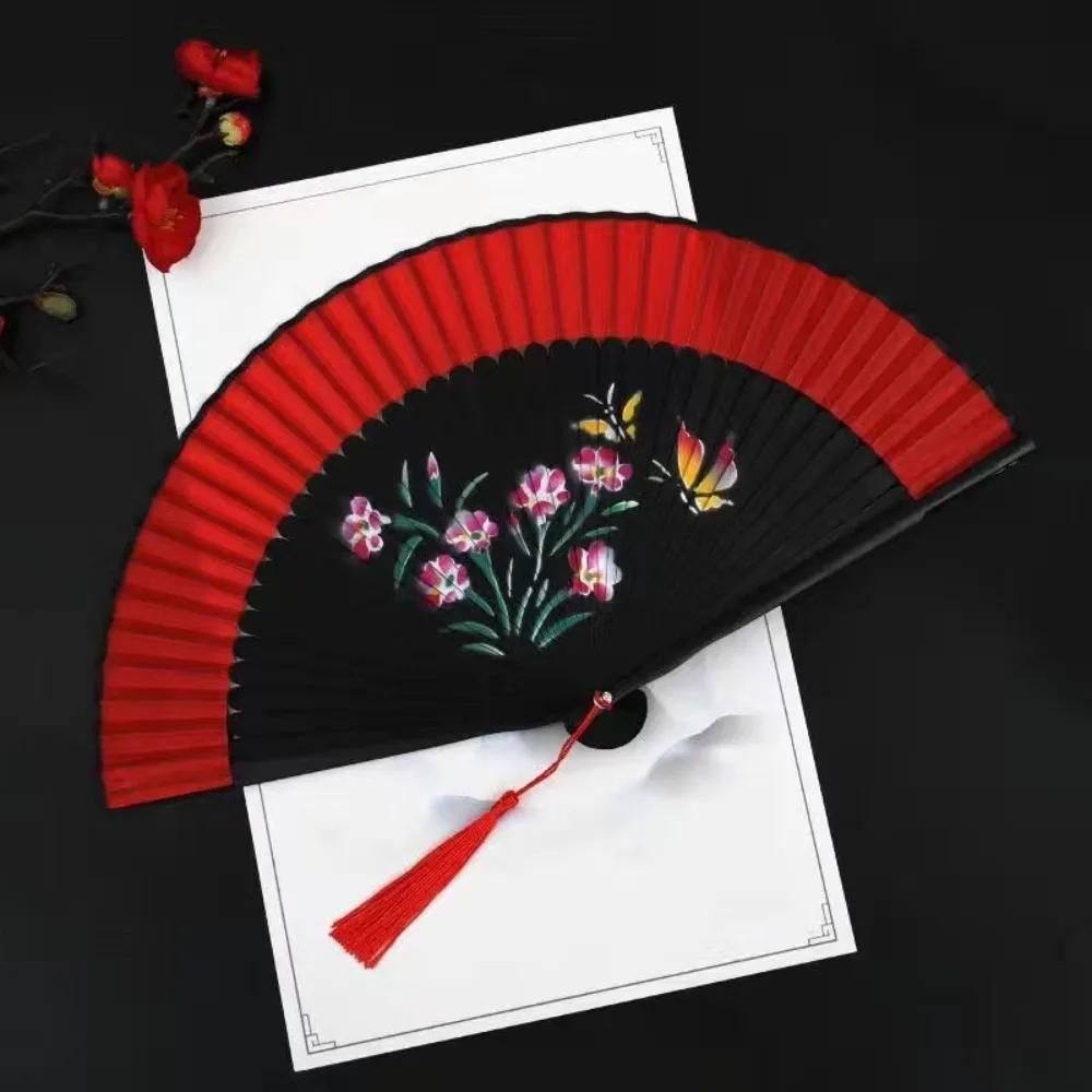 Exquisite Tassel Folding Fan with Tassel Chinese Style Blossom Printing Folded Fan Portable Classical Elegant Handheld Fans