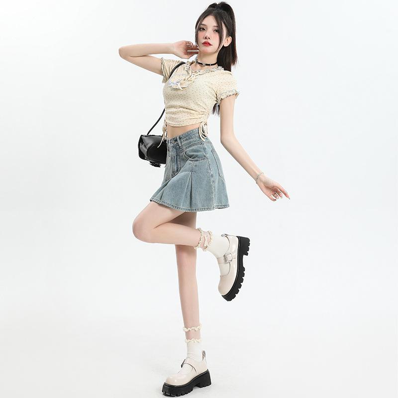 Retro džínová sukně pro ženy na léto Nová sukně s vysokým pasem, slim A-linie, plisovaná, krátká