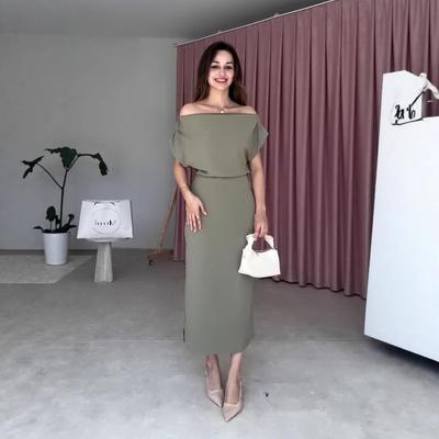 2025 Summer European & American Women's One-Shoulder Slit Solid Color Waist-Hugging Dress