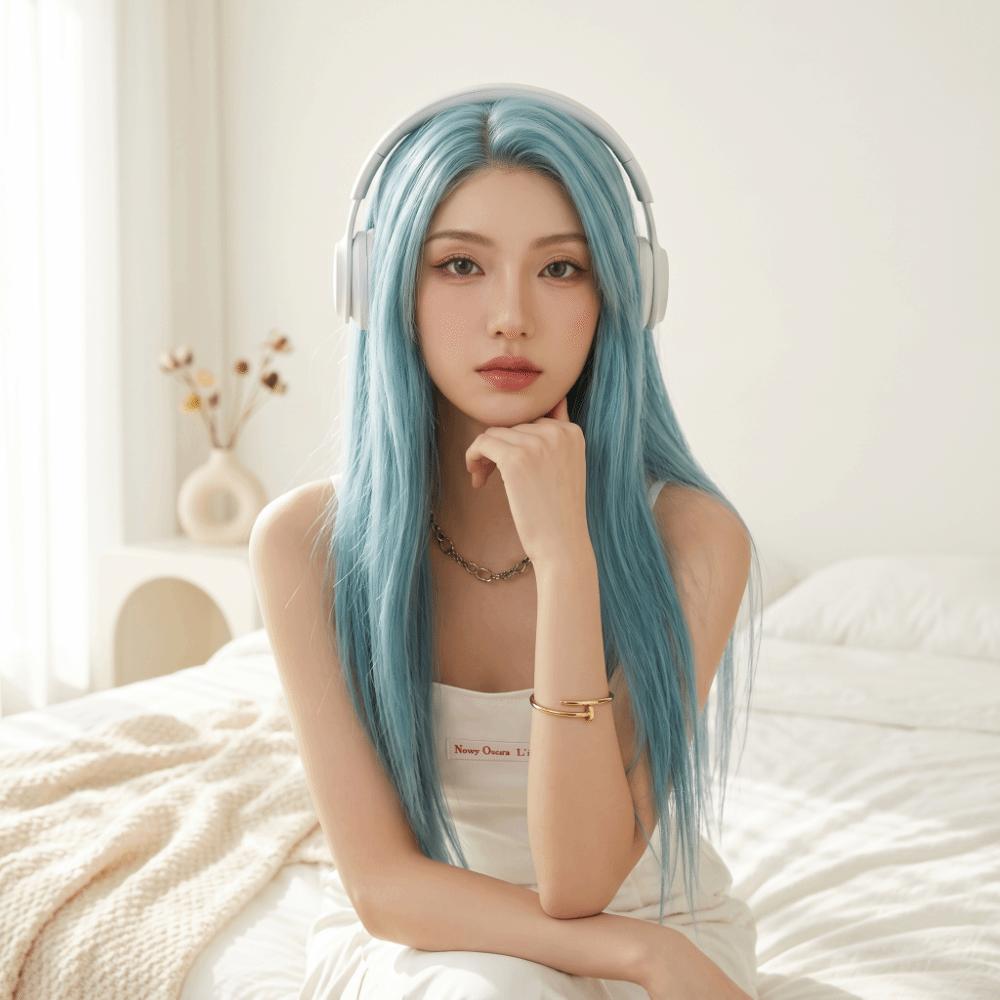 Layerd Sea Salt Blue Wig Harajuku Lolita Cosplay Wig Sweet Long Straight Synthetic Wig Carnival