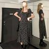 Summer square neck black floral dress with split ends and waist sexy long skirt for women