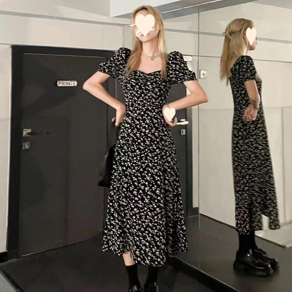 Summer square neck black floral dress with split ends and waist sexy long skirt for women