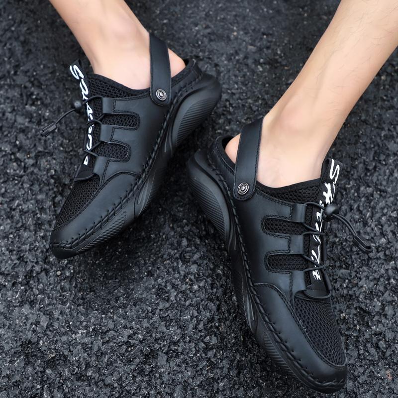 Fashion Summer Mens Sandals Leather Mesh Beach Outdoor Water Breathable Comfortable Slipper Rubber Classic  Non-slip Big Size38-48