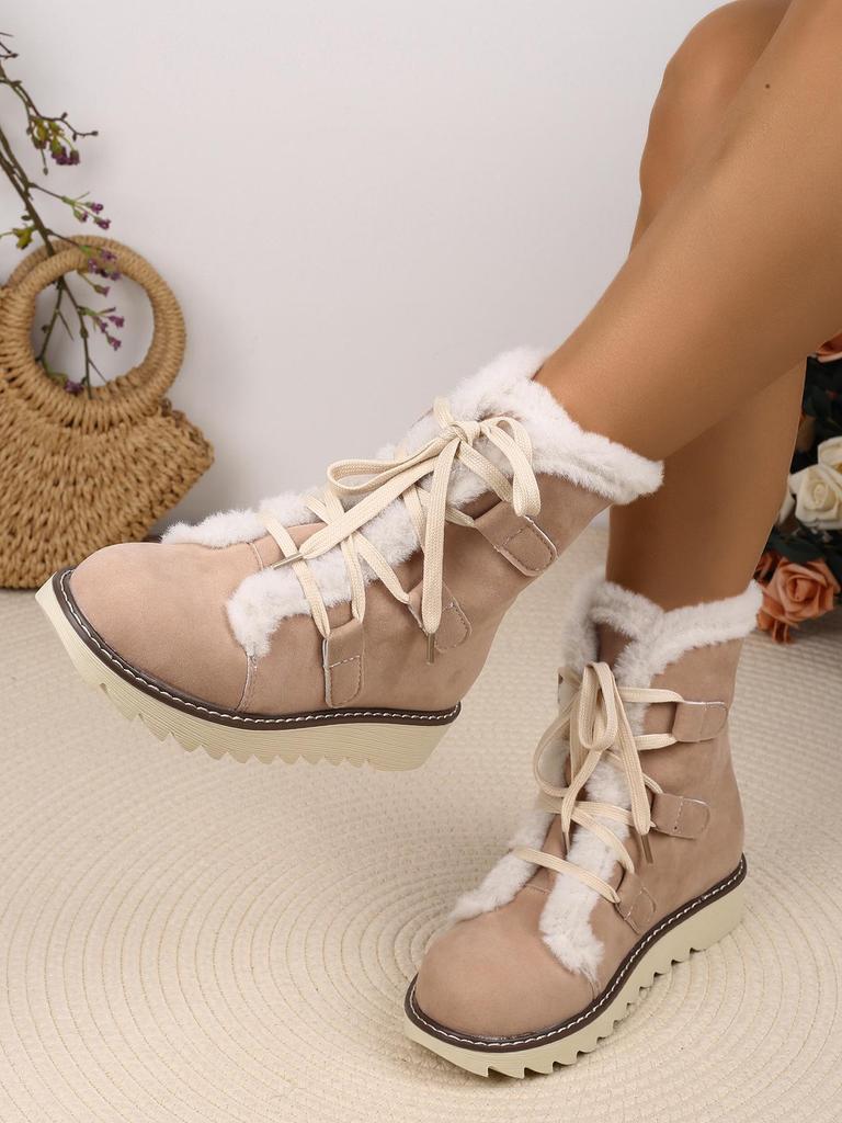 Damen Übergröße Schnür-Schneestiefel - 2024 Mit Fleece gefüttert, Warm, Verdickt, Flacher Boden für Herbst/Winter.