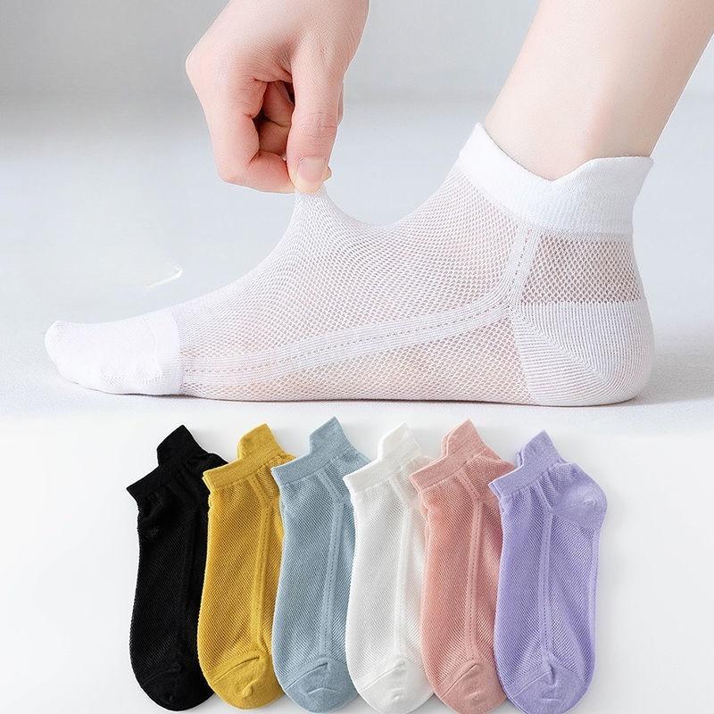 5 Pairs of Spring and Summer Thin Socks Women's Short Socks Solid Colour Anti-odor Sweat Breathable Colour Ear Mesh Shallow Boat Socks