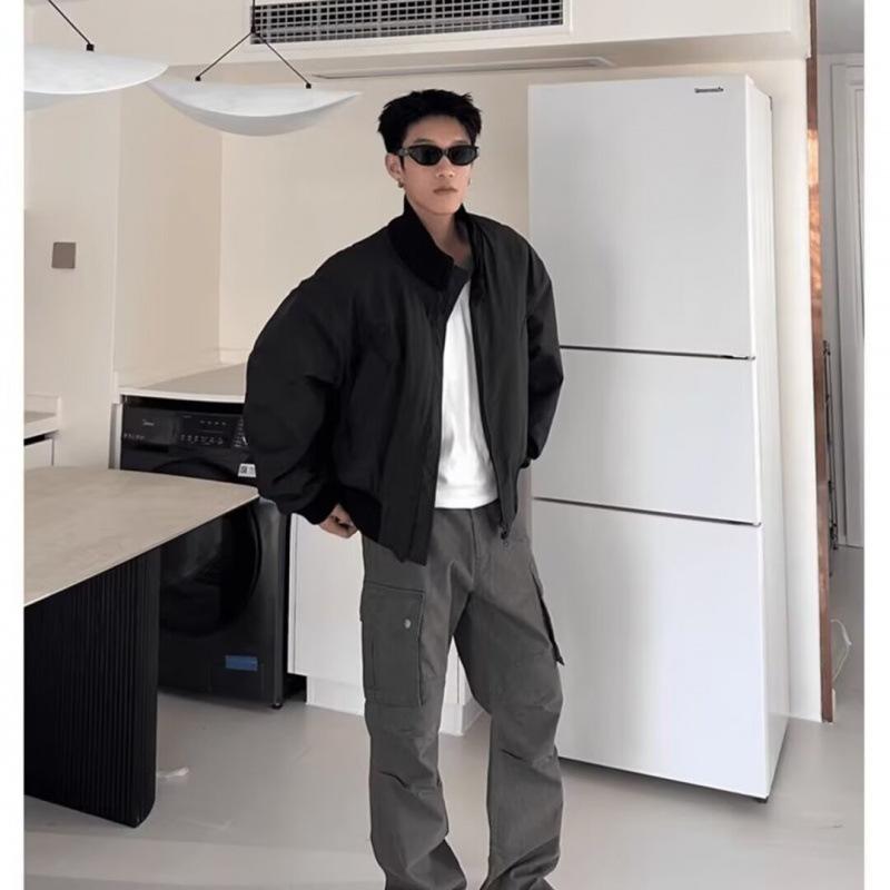 Spring and autumn American retro stand-up collar jacket men's and women's street loose and versatile solid color tooling casual top jacket tide