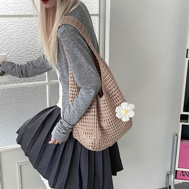Solid Color Knitting Shoulder Bag Flower Large Capacity Bohemian Crochet Tote Bag Hollow Out Versatile Casual Woven Handbag