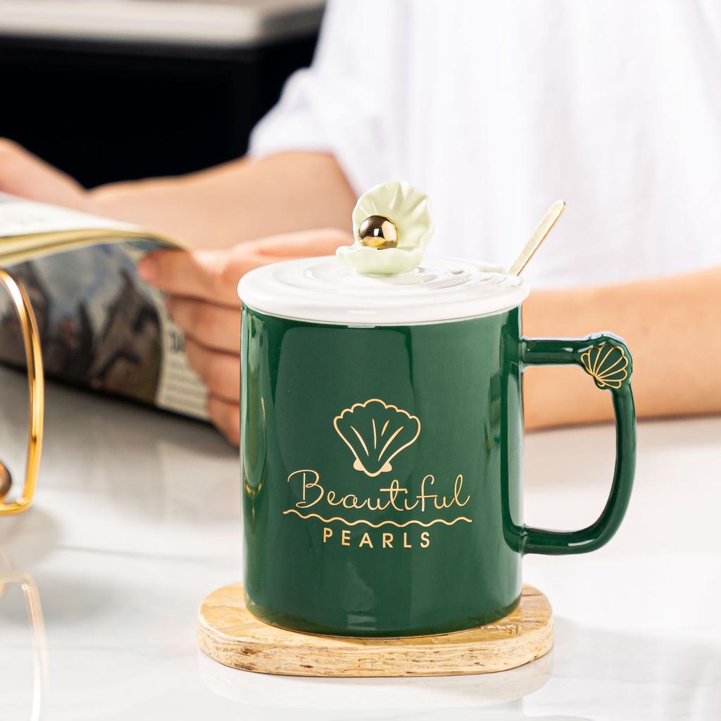 Shell Pearl with Lid Spoon Ceramic Cup Color Glaze Business Gift Household Set Nordic Style Mug