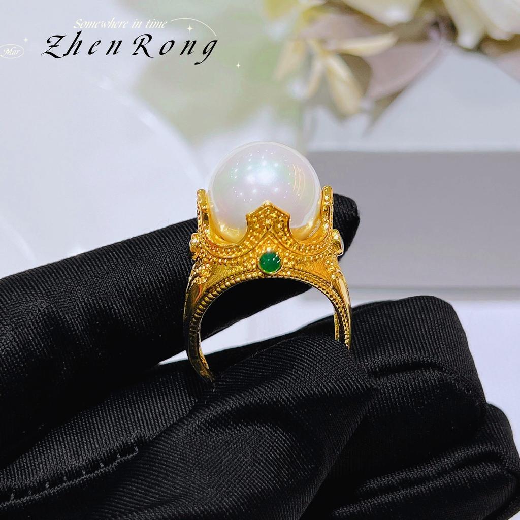 Golden Years Retro Australian White Bead Ring, French Elegant Senna Castle Pearl Pendant Earring Set