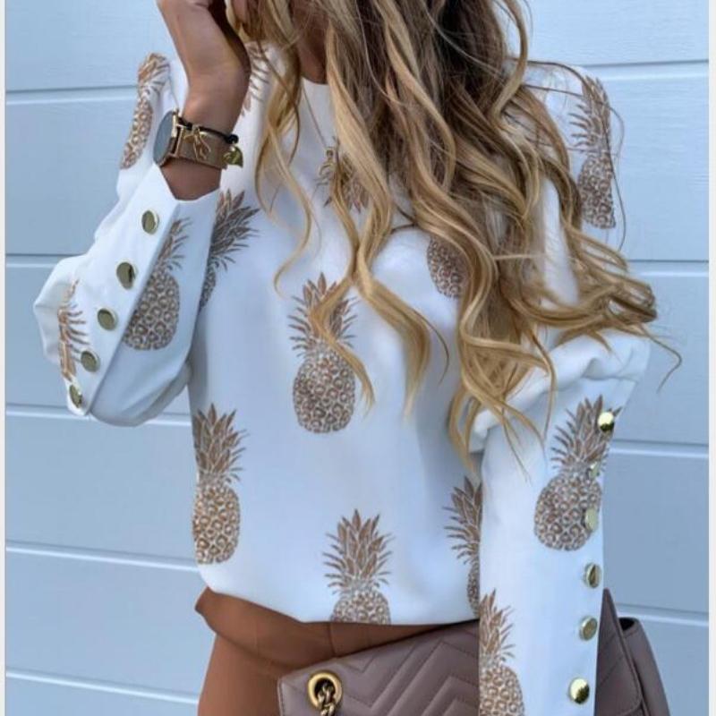 

Модная рубашка с длинным рукавом и принтом ананаса, женская элегантная повседневная блузка с круглым вырезом, женская одежда, простые винтажные офисные женские топы 24194 XXL