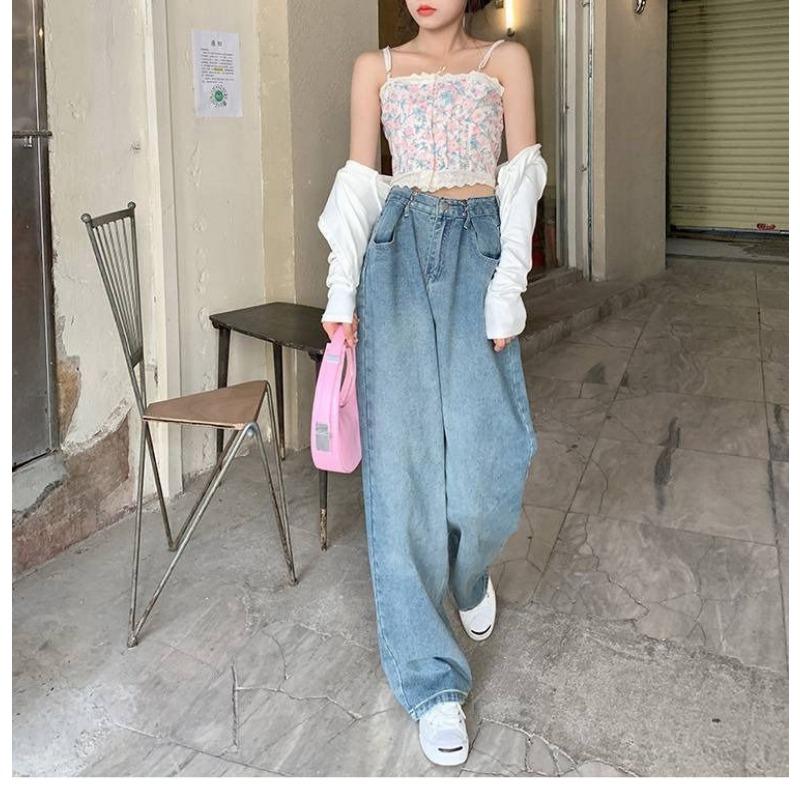 Vintage džíny s vysokým pasem, letní volné tenké, velké rovné široké kalhoty dámské džíny