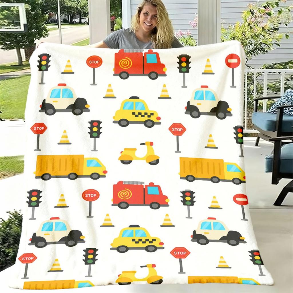 Soft Double-Sided Flannel Blanket Featuring a City Traffic Vehicle Design, Including Taxis And Construction Trucks, Perfect for All Seasons. Ideal for