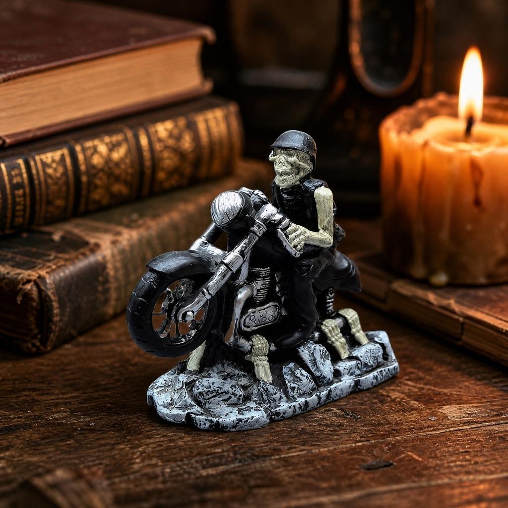 Creative Skeleton Figurine Halloween Party Skull Desktop Ornament Decorative Craftwork Motorcycle Rider Design for Home Office Display