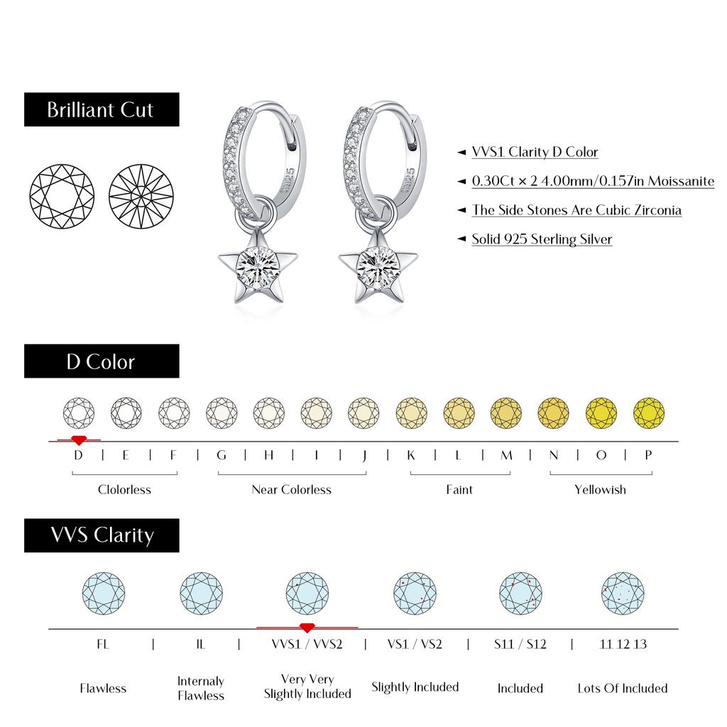 MODIAN D Round Moissanite Ear Buckles 925 Silver Fashion Stars Hoop Earrings For Women Wedding Jewelry Gifts