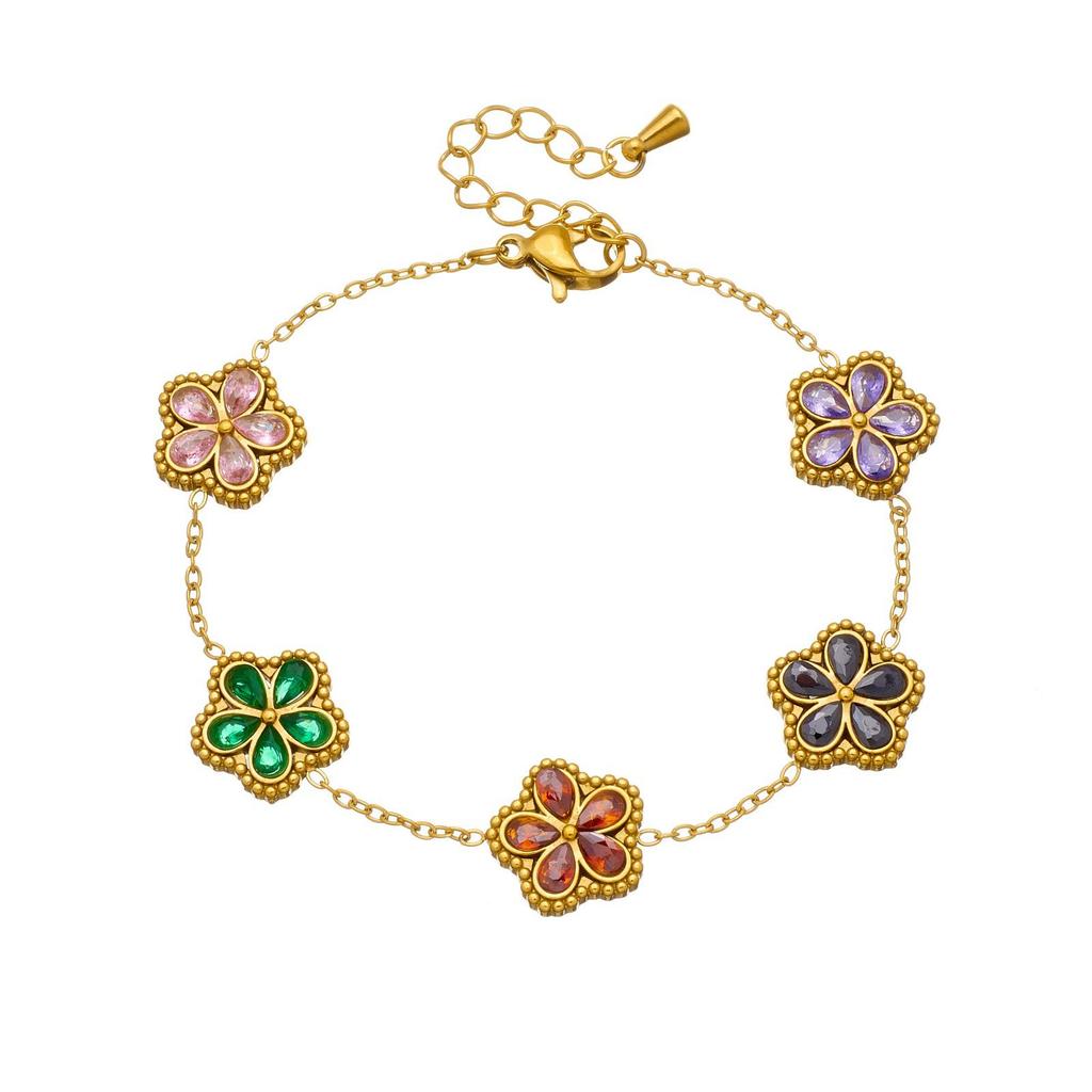 Gold-Plated Rhinestone Glass Flower Jewelry Set with Color Accents