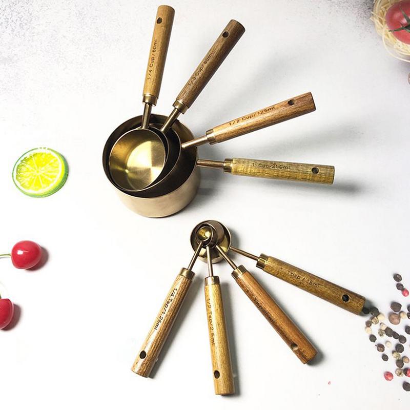 Measuring Cups And Spoons Stainless Steel Measure Cups Spoons With Wooden Handle Set Of 8 Stackable Accurate Tablespoon For Dry