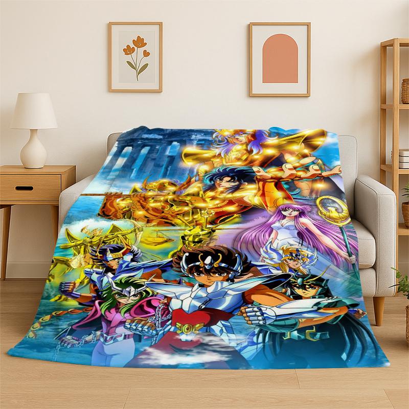 Retro Saint Seiya Anime Cartoon Flannel Blanket Soft Warm Throw Blanket for Bedroom Living Room Bed Travel Camping Picnic Gift 75x90cm