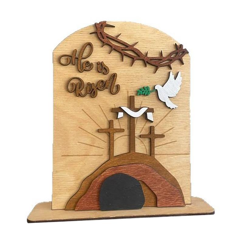Easter "He Is Risen" Wooden Tomb Scene - Handcrafted Cross Tabletop Decor, Religious Resurrection Display For Home