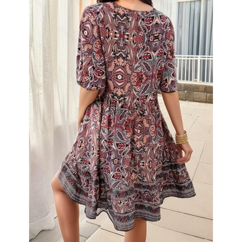 JKASHDK Robe décontractée à manches courtes et col en V pour femme, motif floral, mode été printemps, imprimé, taille ample