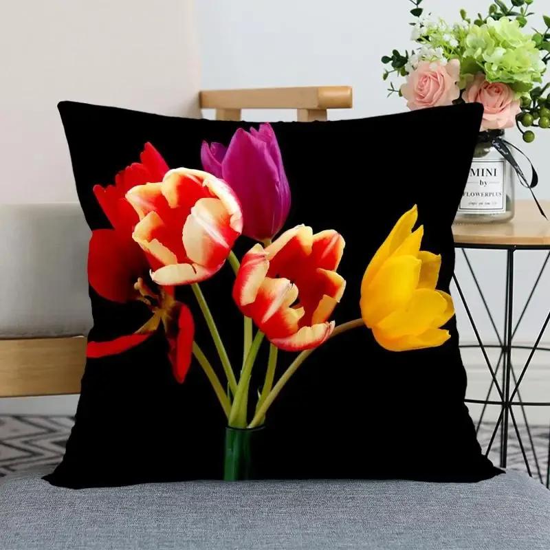 "Floral Tulip Pillowcase, Soft Cotton - Vibrant Flower Design for Spring Decor, Comfortable and Stylish, Perfect Gift for Home"