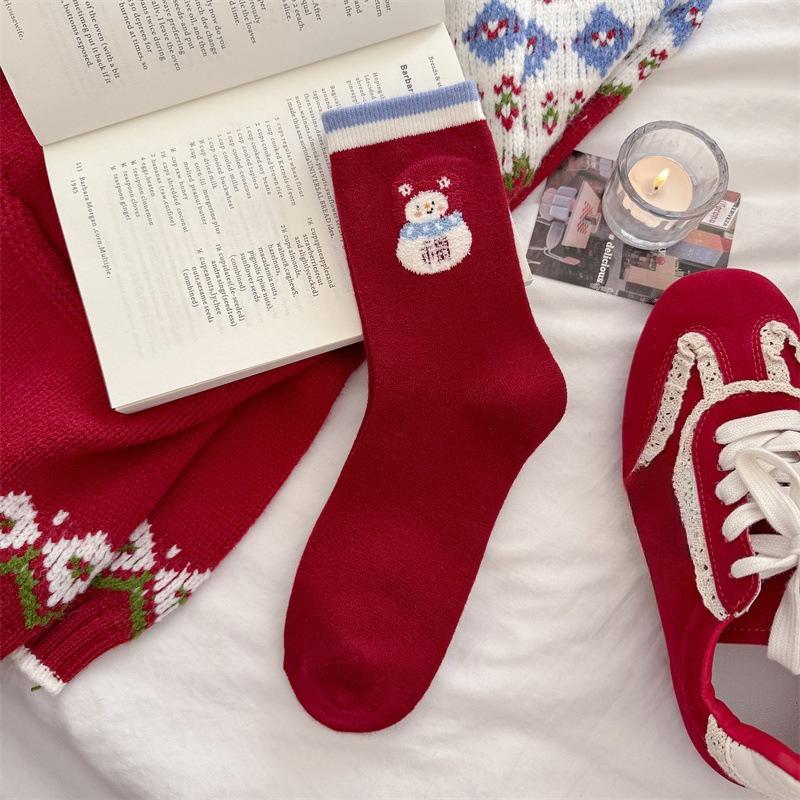 Woolen Socks for Women, Thick and Warm Mid-calf Socks for Autumn and Winter, Little Snowman Cartoon Versatile Long Socks