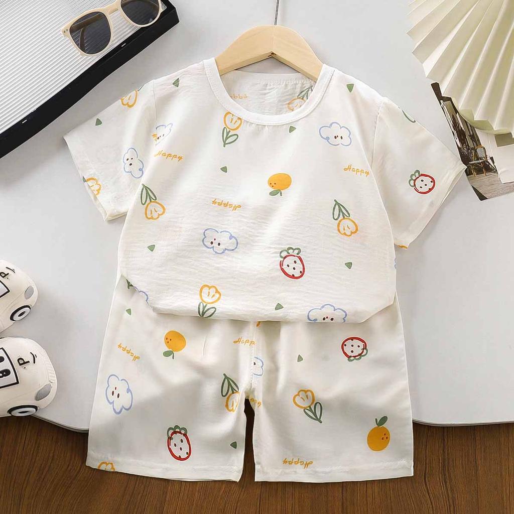 Kids Summer Cotton Pajama Set Boys Girls Short Sleeve Sleepwear Baby Breathable Loungewear Soft Comfortable Home Clothes