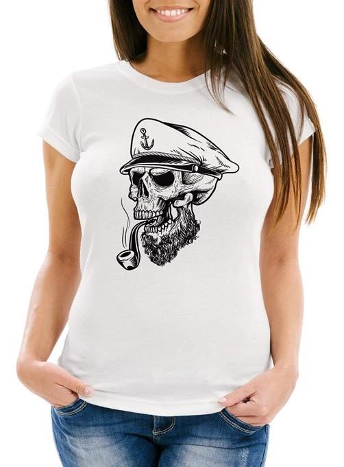 Ladies Captain Skull Beard Captain Skull Bard Sailor Skull Slim T-Shirt S