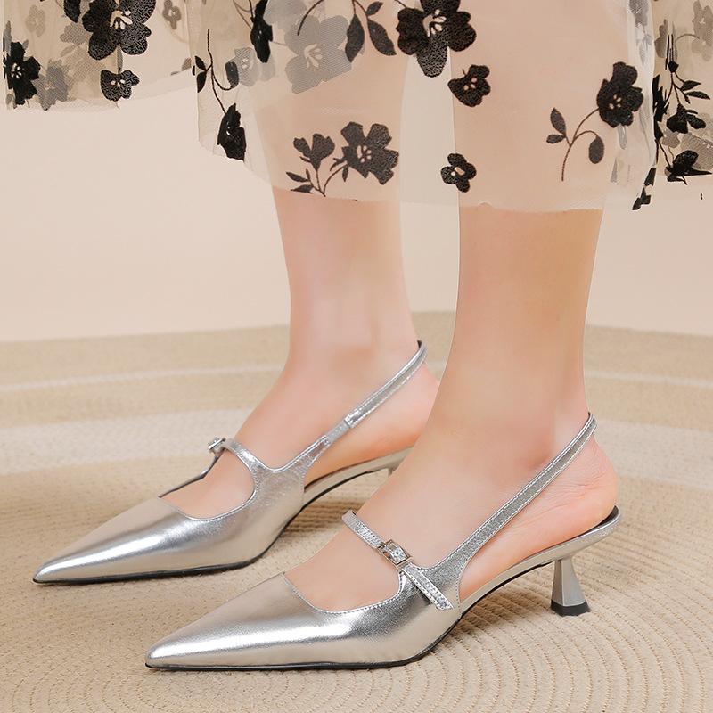 Shoes for Women 2025 New Pointed Toe Women's High Quality Slingback Sandals Simple and Elegant Dress Shoes Silver Heels Women