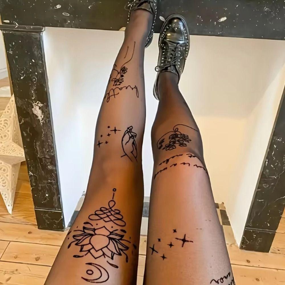 Sexy Flower Letter Tattoos Pantyhose Sheer High-waisted Women Tights Elastic Breathable Long Socks Female Fashion Women Tights