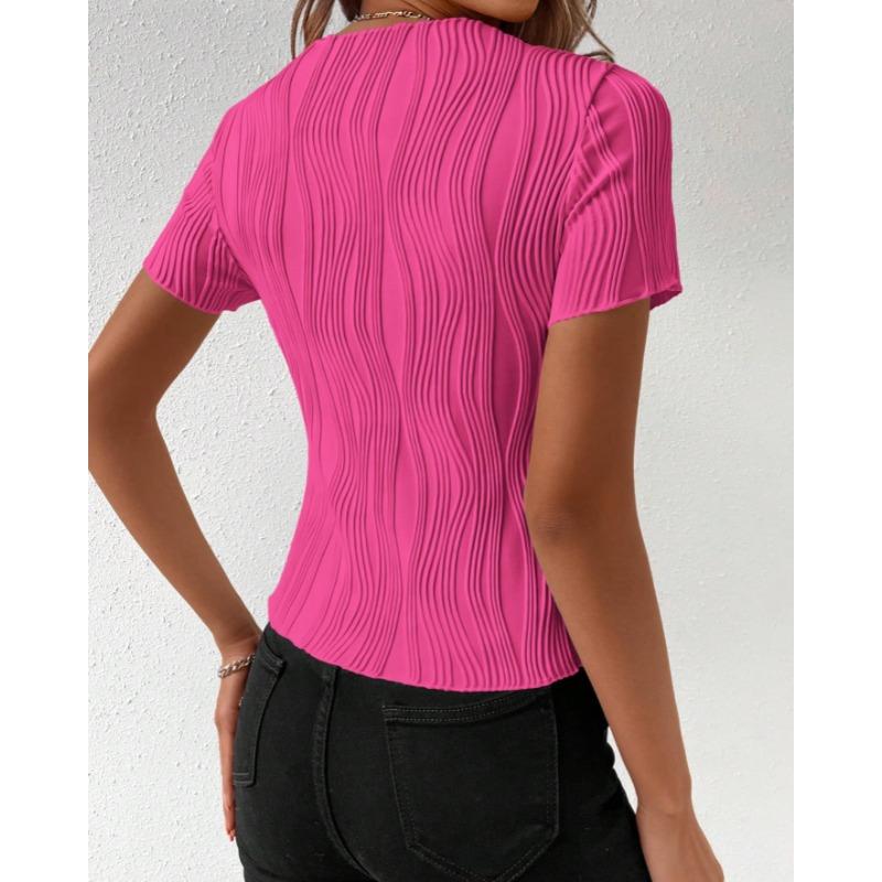 Summer Round Neck Slim Fit Short Sleeved T-shirt Elegant Simple Top Fashion Street Wear Casual Solid Color Blouse Pleated Office Shirts Tees