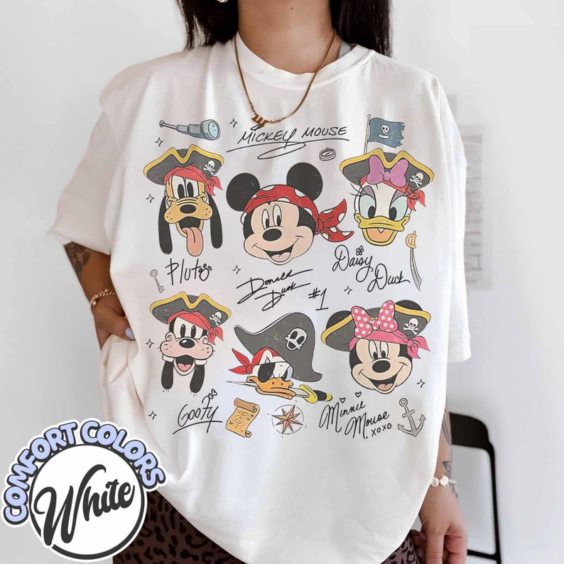 

Vintage Disney Pirate Shirt Mickey Friends Pirate Signature Crew Tee Minnie Goofy Donald Daisy Comfort Colors Shirt S
